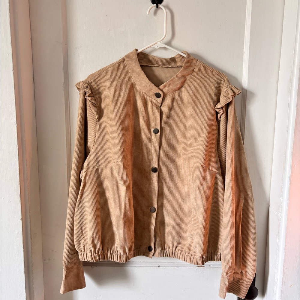 Tan Corduroy Plus Size Bomber Jacket with Mandarin Collar and Elastic Waistband